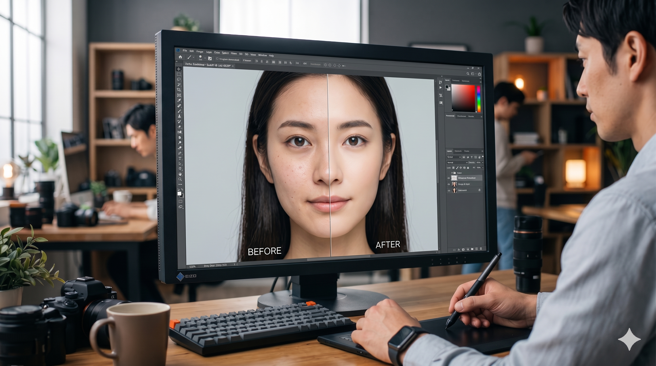 写真レタッチ作業のビフォーアフターイメージ
